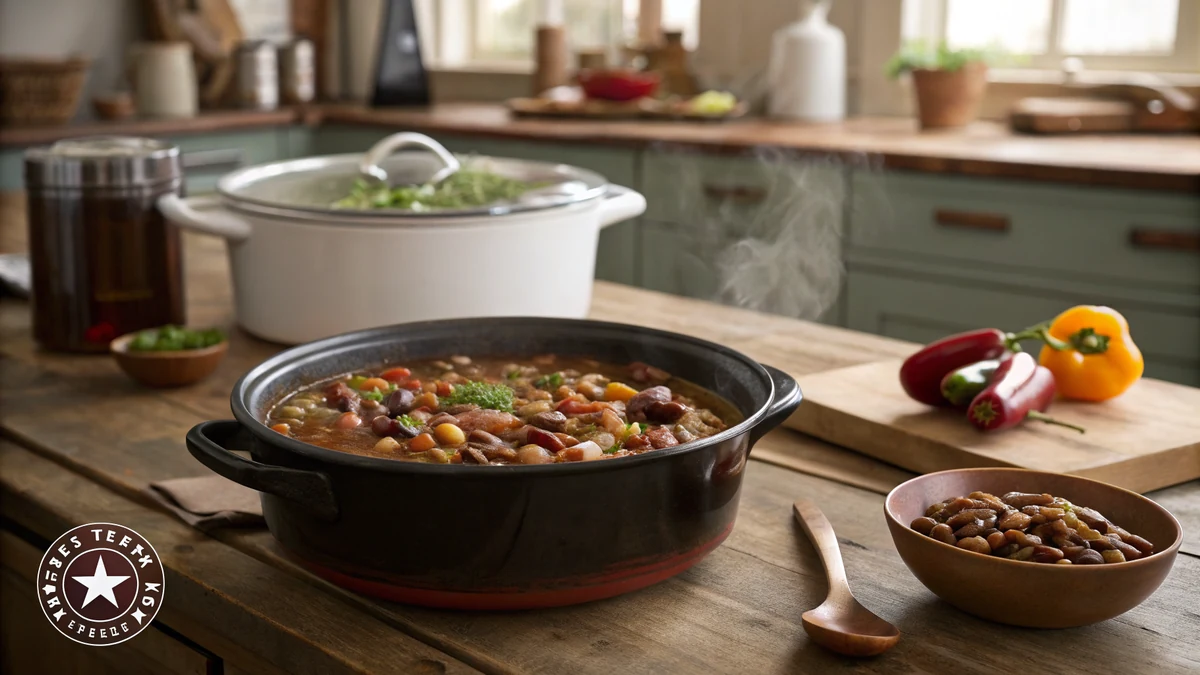 Crock-Pot of 15 Bean Soup slow cooker on a Texas Hill Country wooden table, deep brothy red-brown color with visible variety of beans, chunks of smoked sausage and shredded ham, crock of cornbread on the side
