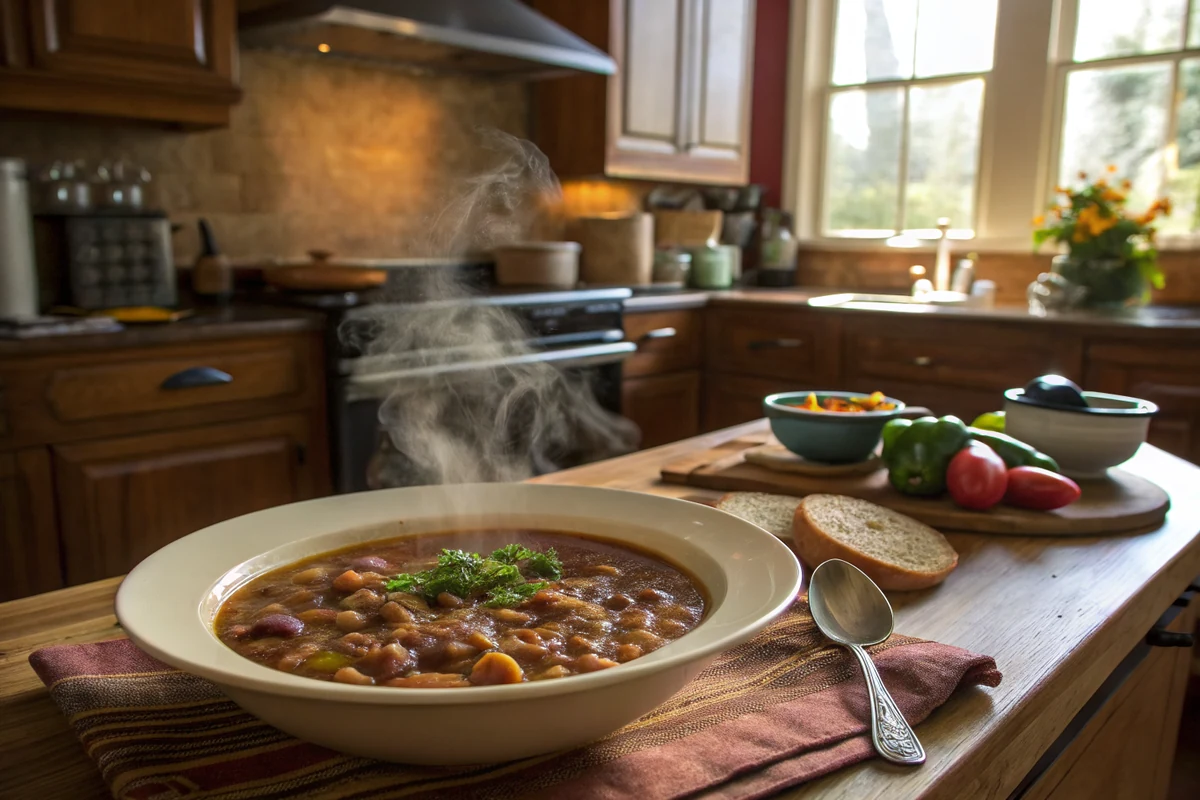 Close-up of a wooden ladle pulling 15 Bean Soup from the slow cooker, showing the multi-bean variety, sliced kielbasa, shredded ham hock pieces, and a green onion garnish