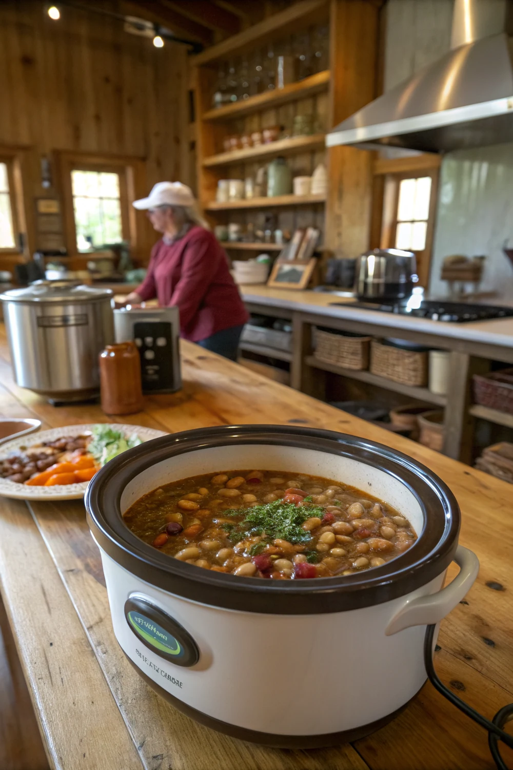 Vertical shot of 15 Bean Soup slow cooker style with smoked ham hock and kielbasa, deep brothy red-brown bowl with cornbread, save this Hill Country recipe for cold-weather Sundays