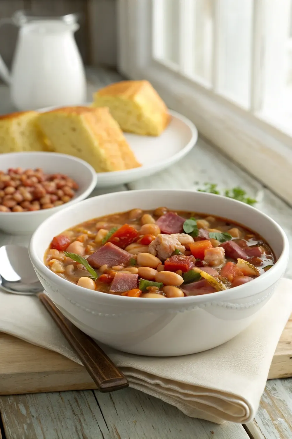 Vertical shot of 15 Bean Soup slow cooker style with smoked ham hock and kielbasa, deep brothy red-brown bowl with cornbread, save this Hill Country recipe for cold-weather Sundays