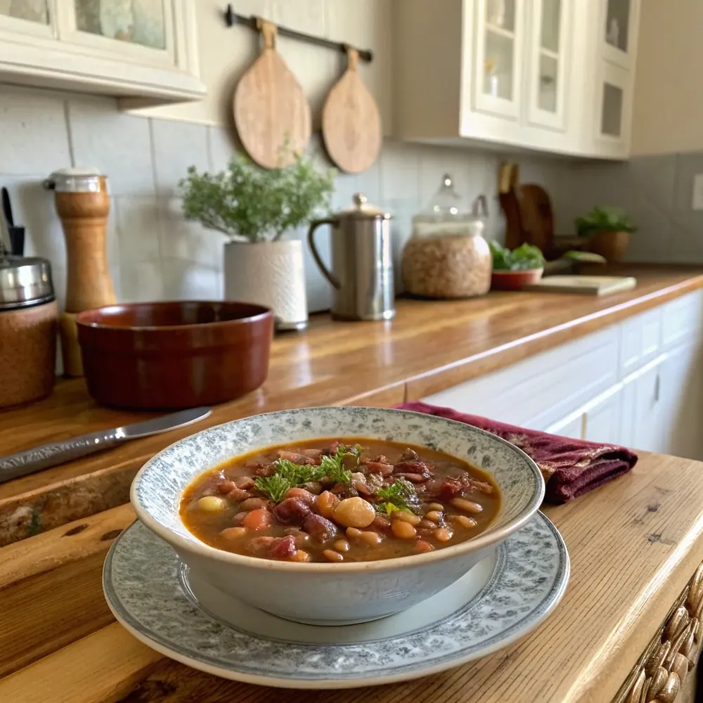 Overhead view of a bowl of 15 Bean Soup garnished with green onion and a wedge of cornbread, on a Texas Hill Country wooden table beside a small bowl of hot sauce