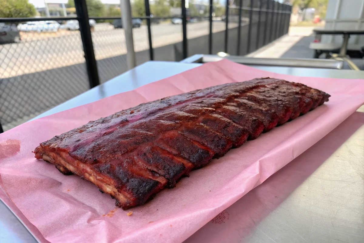 Full rack of smoked spare ribs with deep red-brown bark resting on pink butcher paper on an outdoor table