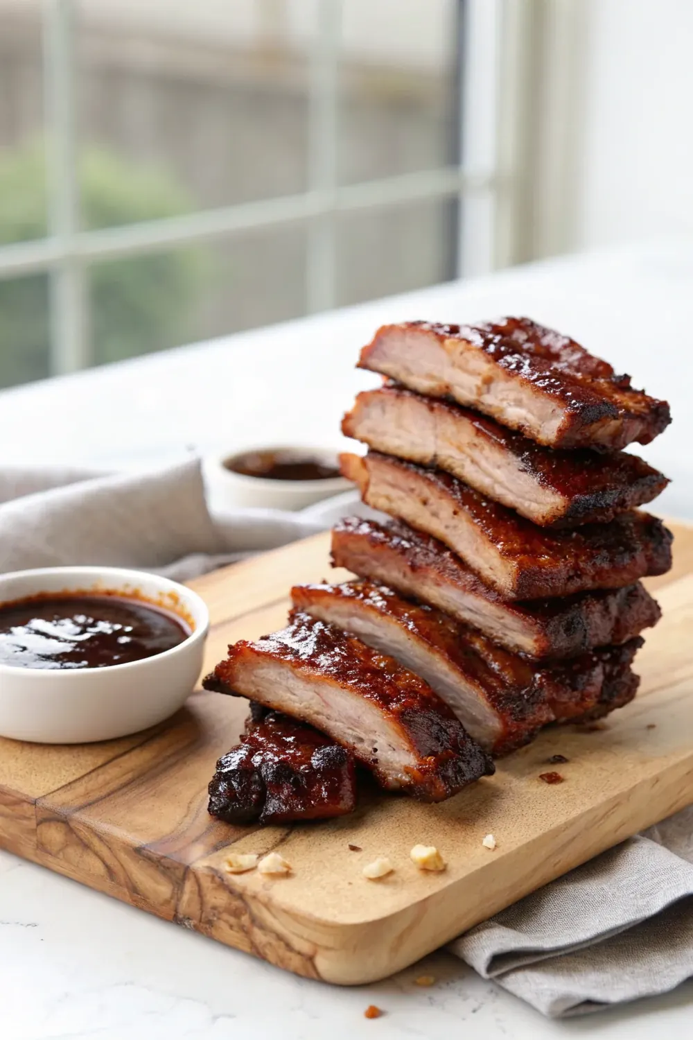 Vertical shot of sliced sticky glazed pork ribs stacked high on a wooden board with a small bowl of dark barbecue sauce