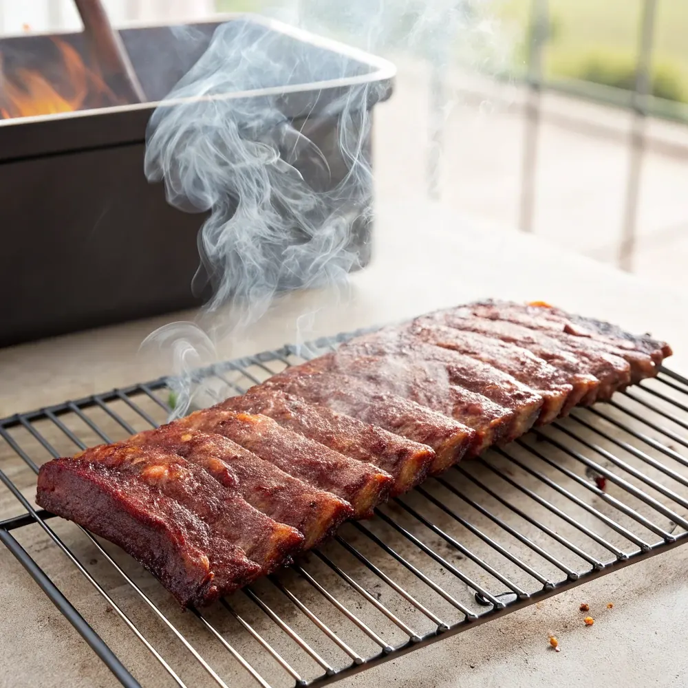 Overhead view of a rubbed spare rib rack lying flat on smoker grates with thin pale smoke drifting across the meat