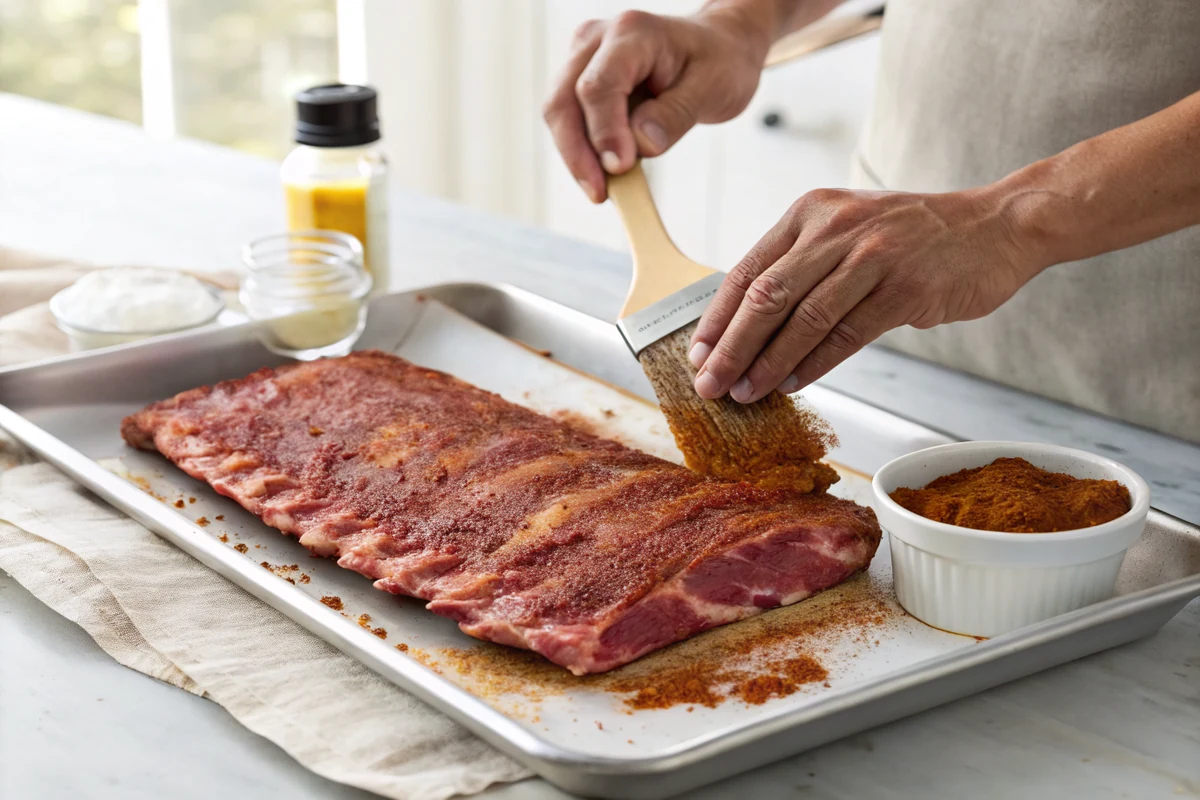 Hands coating a raw spare rib rack with red-brown barbecue rub on a sheet pan, mustard-slicked surface catching the seasoning evenly