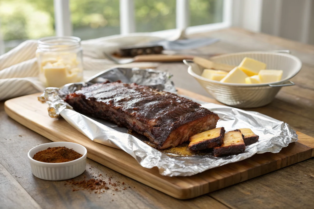 Smoked rib rack with dark bark being folded into heavy foil on a wooden table, butter pats and brown sugar scattered on the meat surface