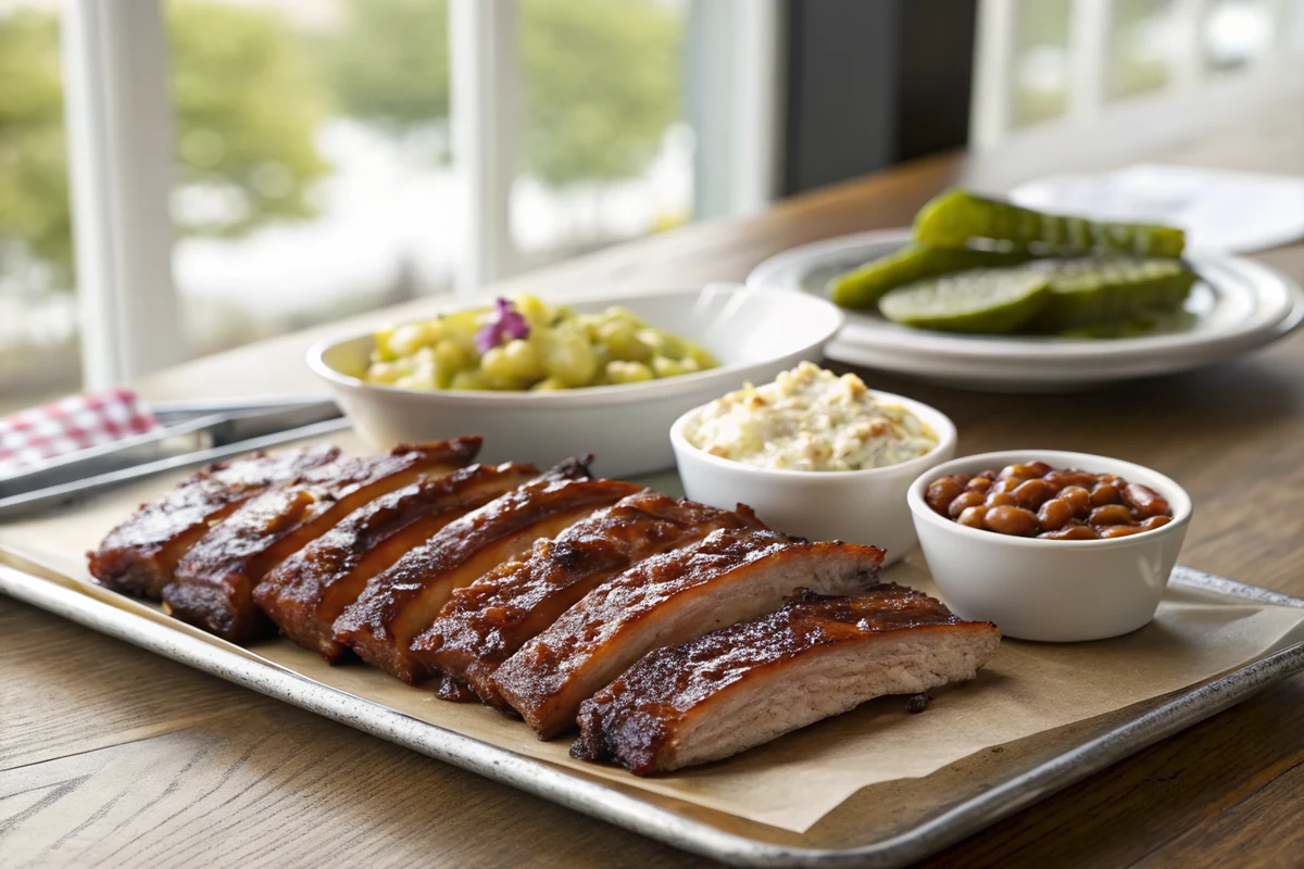 Sliced glazed pork ribs arranged on a serving platter with pinto beans, potato salad, and pickles alongside on a wooden table