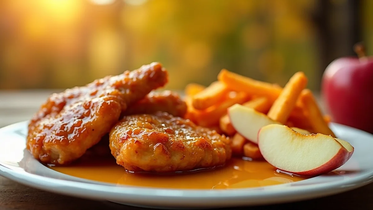Golden glazed chicken tenders on white ceramic plate with glistening honey-apple glaze coating, sliced fresh Granny Smith apples beside, sweet potato fries, dollop of honey mustard, fall Texas Hill Country setting with autumn leaves, warm afternoon light, family-friendly Sunday dinner