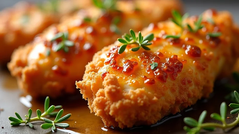 Close-up of three apple-honey glazed chicken tenders showing golden caramelized glaze, panko crust visible beneath, fresh thyme garnish, magazine quality