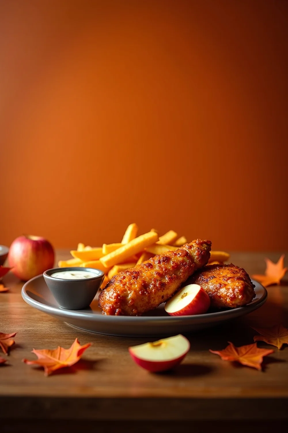 Vertical view of a kid-friendly fall dinner plate with apple-honey glazed chicken tenders, sweet potato fries, sliced apples, dipping sauces, autumn Hill Country aesthetic