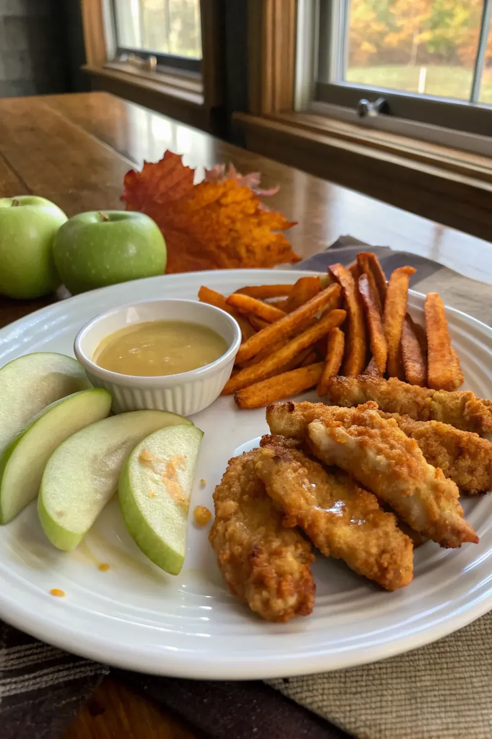 Vertical view of a kid-friendly fall dinner plate with apple-honey glazed chicken tenders, sweet potato fries, sliced apples, dipping sauces, autumn Hill Country aesthetic