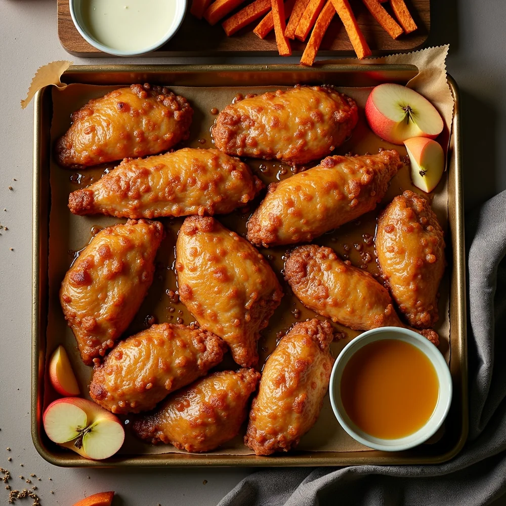 Overhead view of a sheet pan with apple-honey glazed chicken tenders straight from the oven, glaze visibly bubbling, served family-style on a wooden board with sliced apples, sweet potato fries, dipping sauces