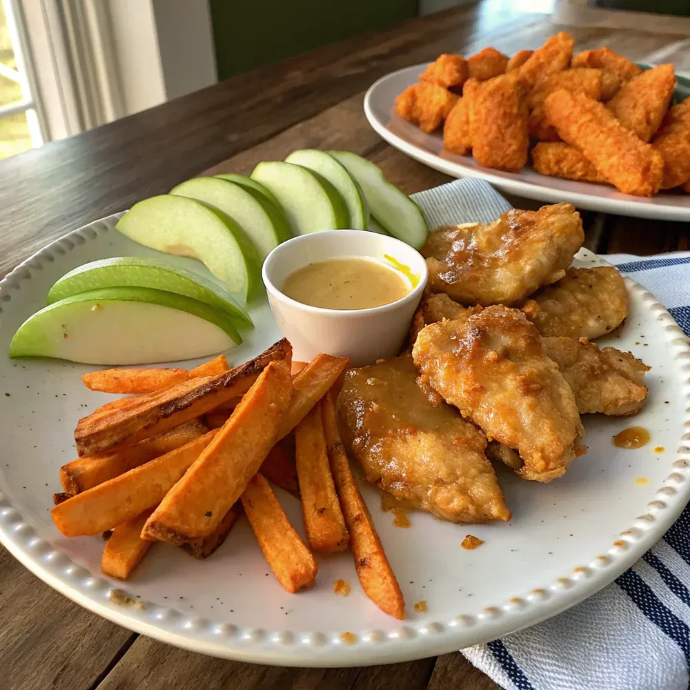 Overhead view of a sheet pan with apple-honey glazed chicken tenders straight from the oven, glaze visibly bubbling, served family-style on a wooden board with sliced apples, sweet potato fries, dipping sauces