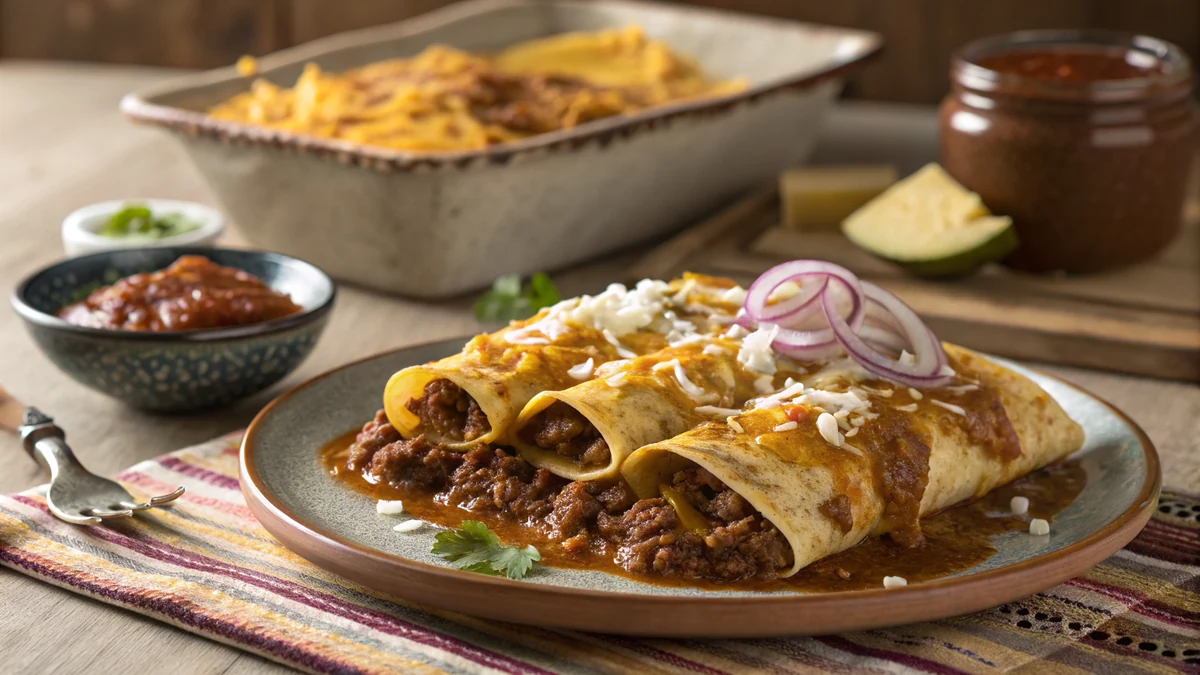 Tex-Mex beef enchiladas with chili gravy and melted cheese in a casserole dish