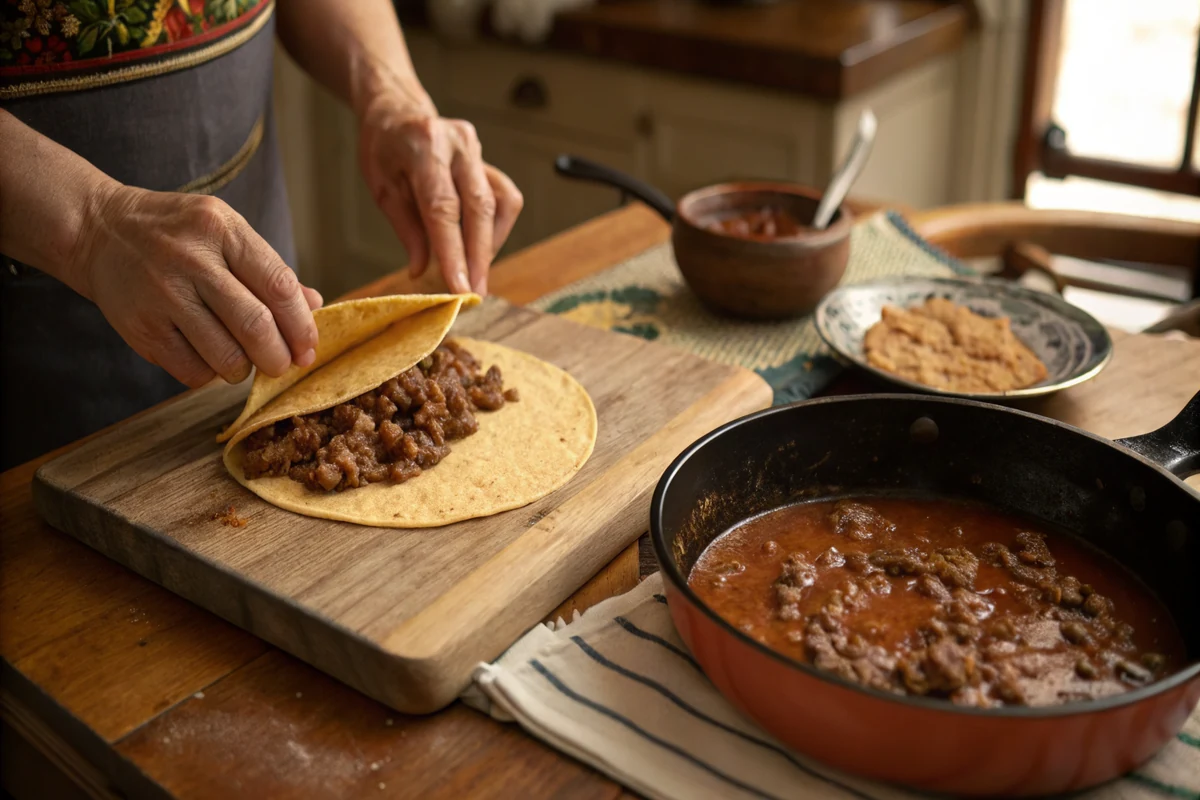 Hands rolling beef enchilada with corn tortilla, chili gravy simmering on the stove