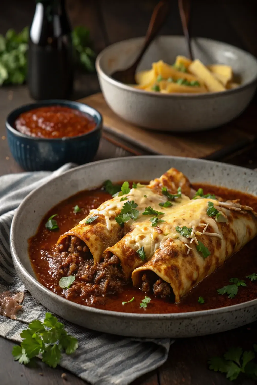 Vertical Pinterest pin of Tex-Mex beef enchiladas with chili gravy