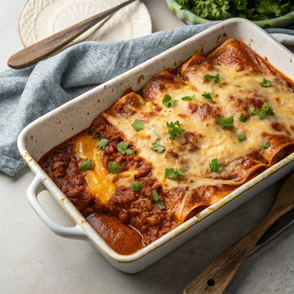 Top-down baked beef enchiladas with bubbly cheese in 9x13 dish