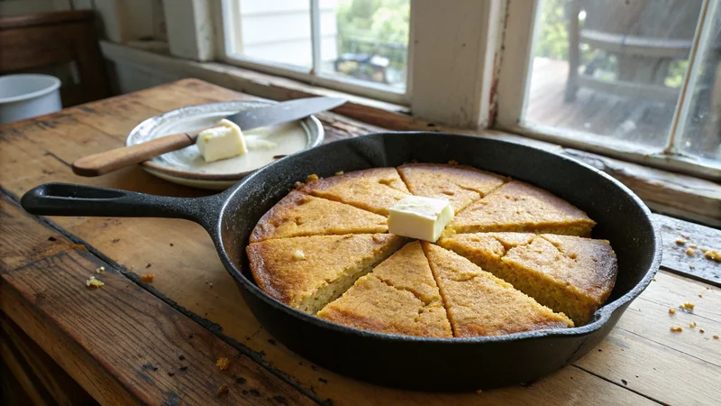 Close-up of Texas cornbread showing tight crumb, crackly bottom crust, and visible yellow cornmeal grain