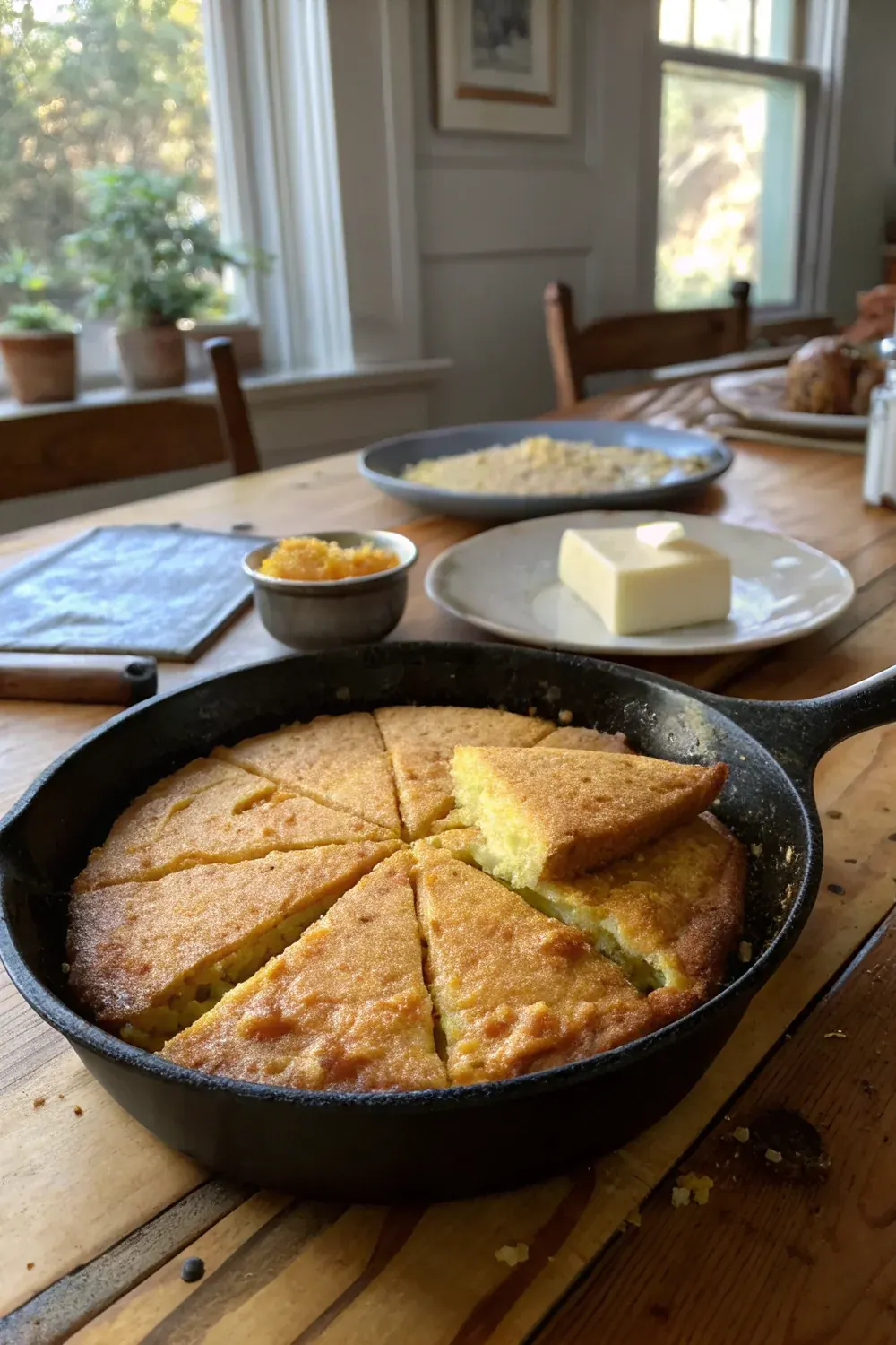 Texas cornbread sliced and styled vertically with butter pat melting, save for chili night and Sunday supper