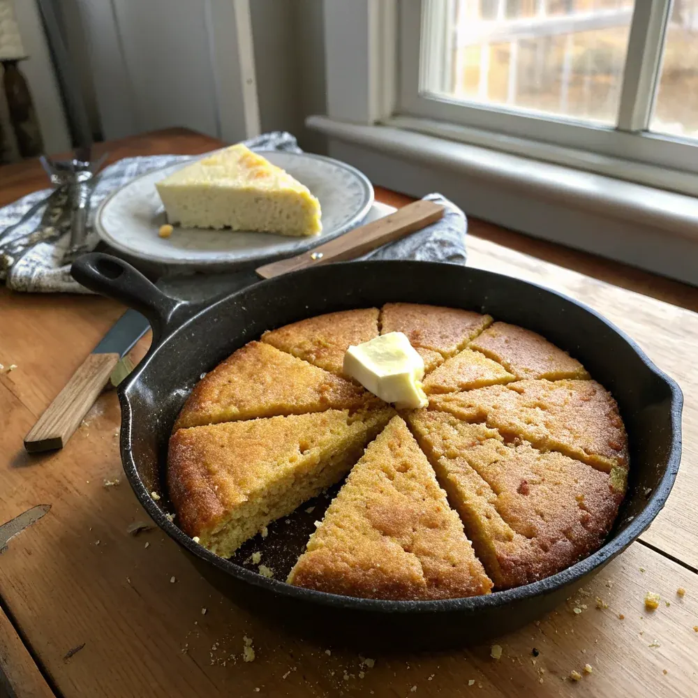 Overhead view of a whole skillet of Texas cornbread with a butter dish and a glass of buttermilk on a Texas family table