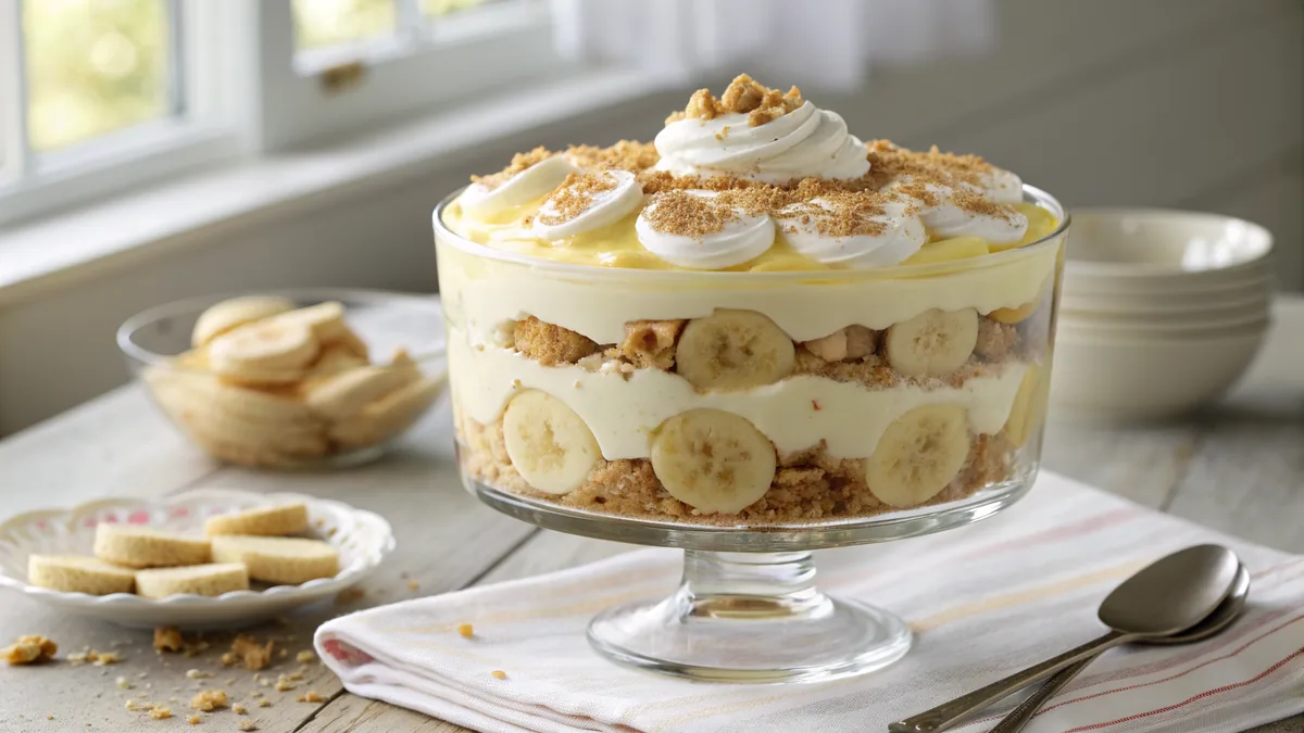 Glass trifle dish of banana pudding showing distinct layers of vanilla wafers, banana slices and pale yellow custard under swirls of whipped cream and wafer crumbs
