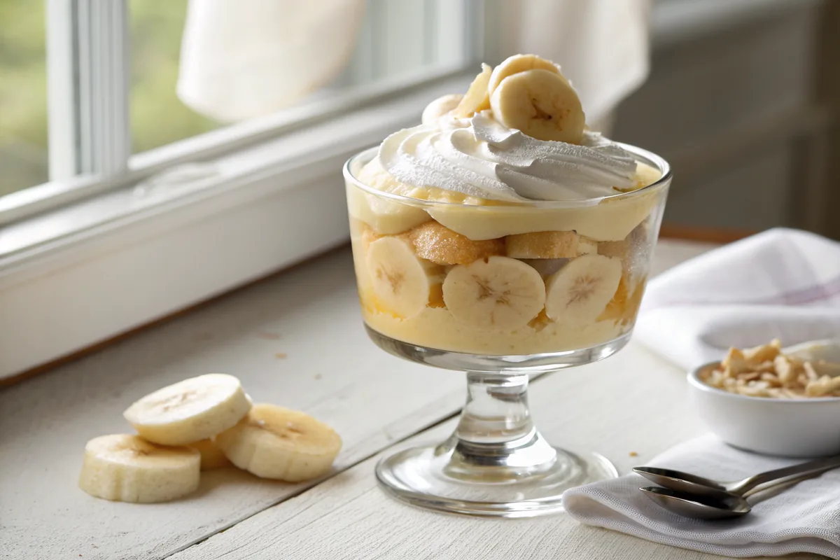 Single glass dessert cup of banana pudding with softened wafer edges and custard-coated banana slices visible through the side, whipped cream on top