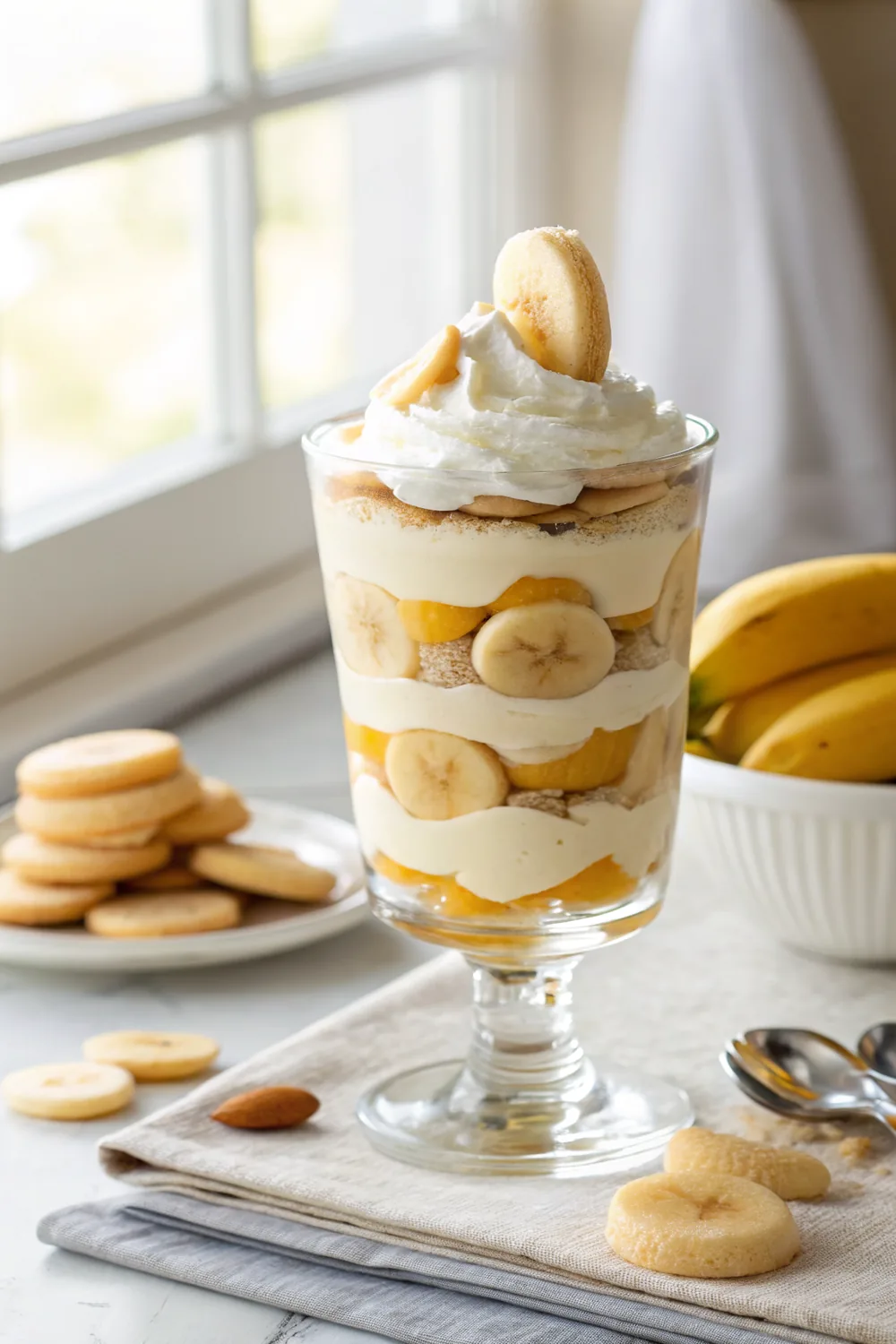 Vertical shot of a tall glass filled with layered banana pudding, clear bands of golden wafers, banana slices and thick vanilla custard beneath a cloud of whipped cream