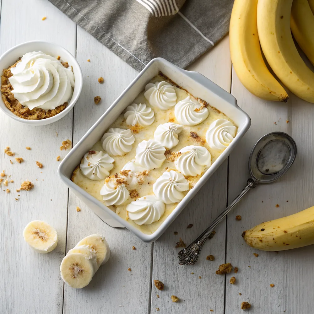Overhead view of a square baking dish of banana pudding topped with billowy whipped cream swirls and scattered wafer crumbs, whole ripe bananas nearby on a wooden table