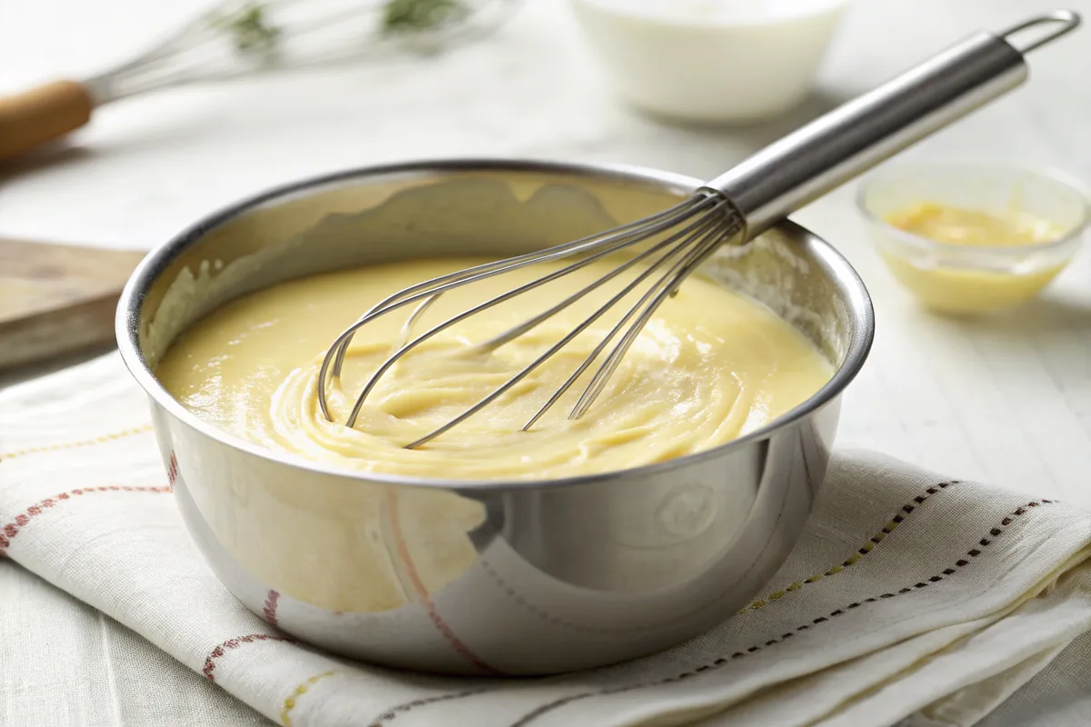 Saucepan of thick glossy pale yellow vanilla custard with whisk trails holding their shape on the surface