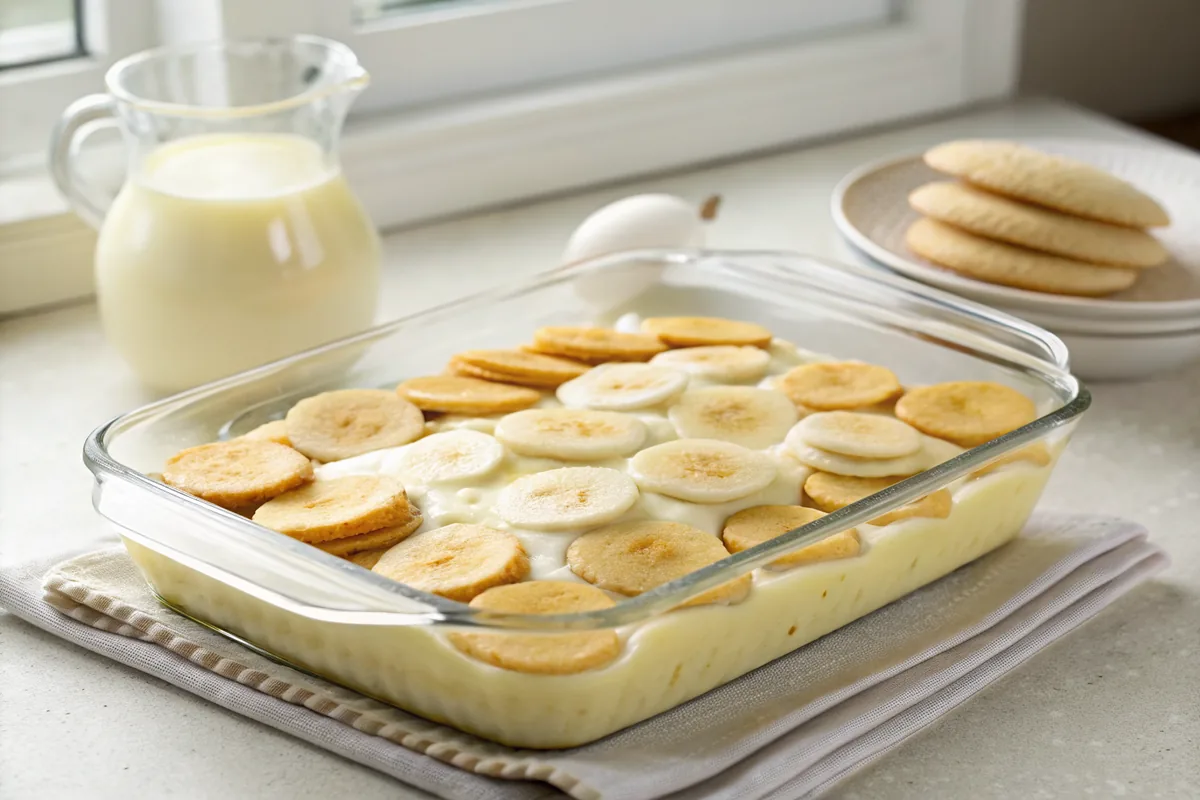 Glass baking dish with a tiled layer of vanilla wafers and banana slices being covered by a pour of warm pale custard