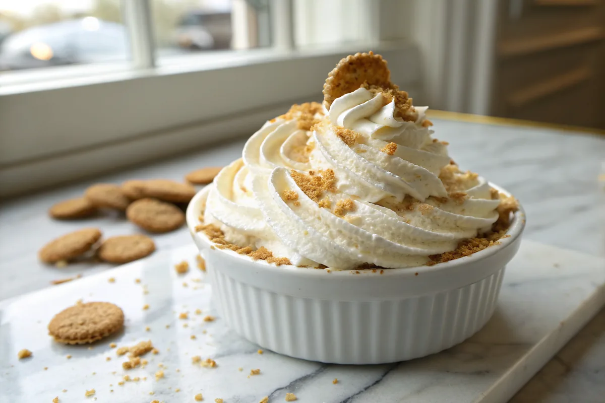 Soft billowy whipped cream spread in deep swirls across the top of a chilled banana pudding with wafer crumbs scattered over it