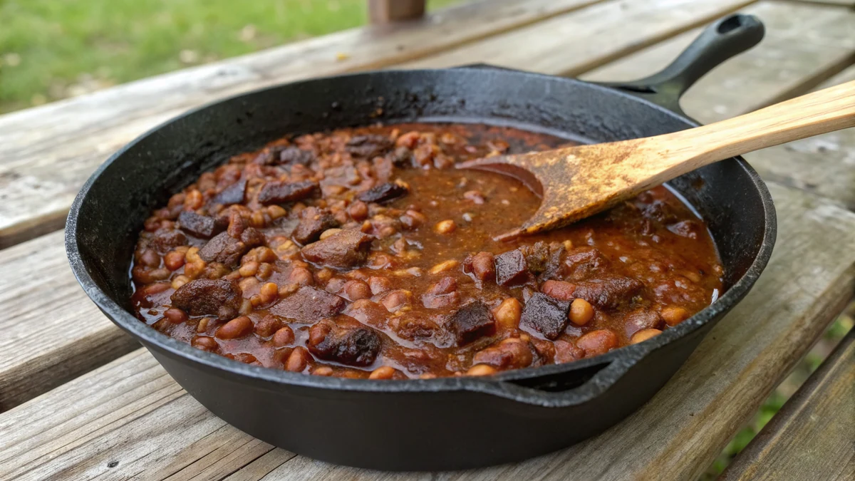 Texas BBQ baked beans in a 12-inch cast iron skillet, dark glossy crust on top with chopped smoked brisket visible, post oak smoke ring