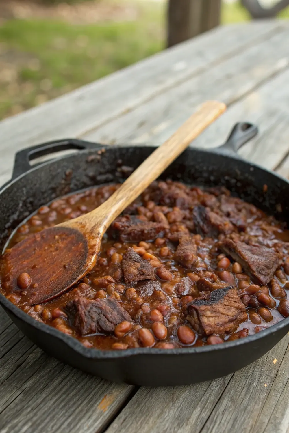 Vertical view of Texas BBQ baked beans with crusty top and brisket chunks, save this Lockhart-style cast iron recipe