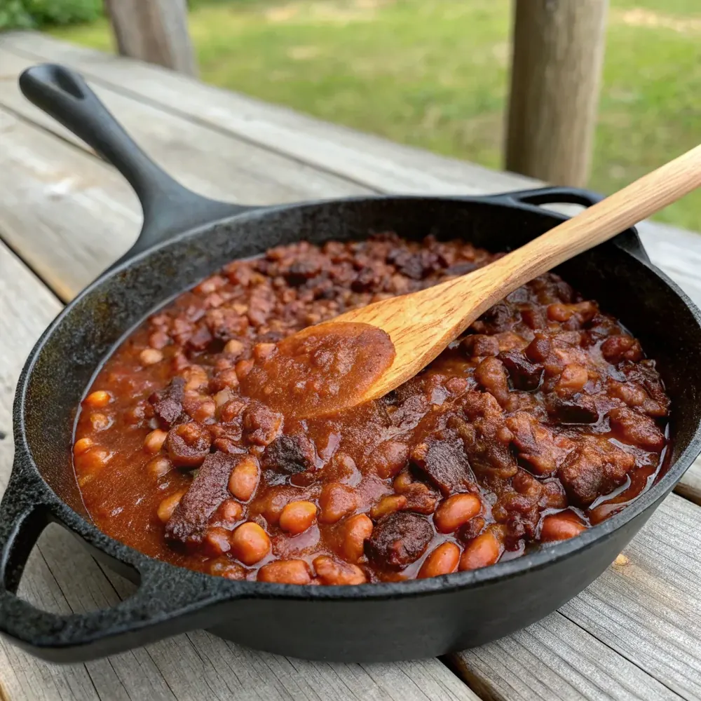 Overhead view of cast iron skillet of BBQ baked beans on a Hill Country picnic table next to brisket, white bread, and Lone Star