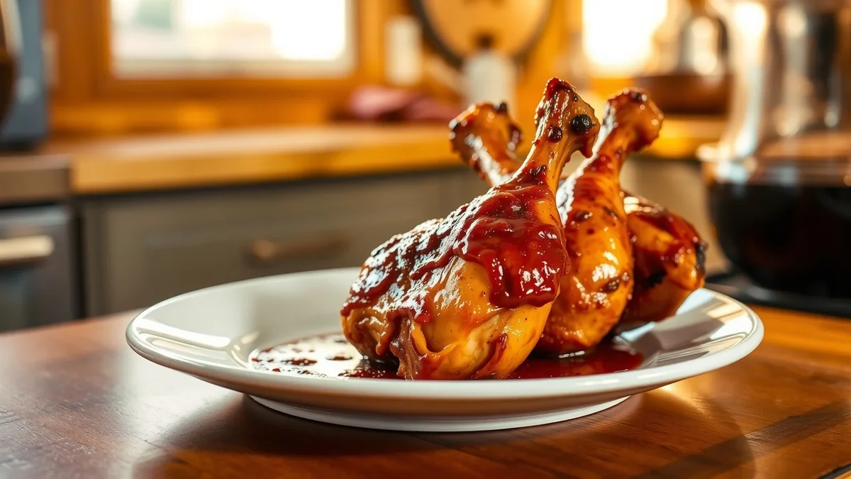 BBQ Chicken Legs in Oven served on a Texas kitchen counter in natural daylight