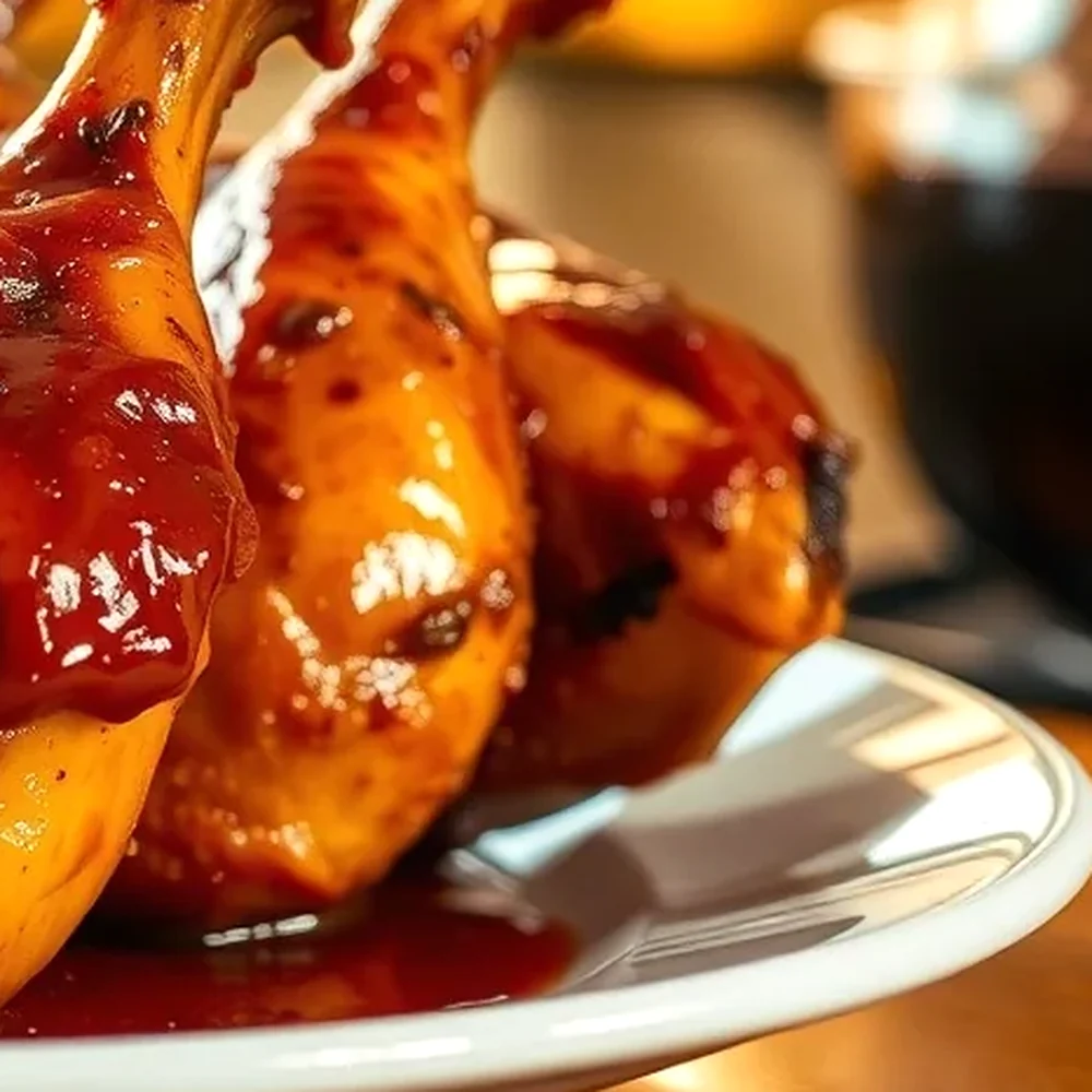 BBQ Chicken Legs in Oven plated for a Texas family table, overhead view