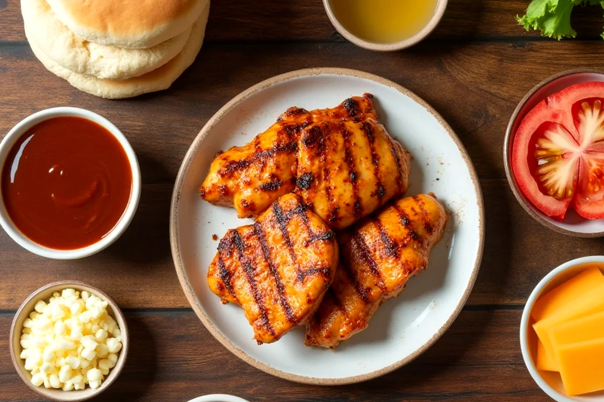 Close-up of bbq chicken sandwich showing texture, color, and serving detail