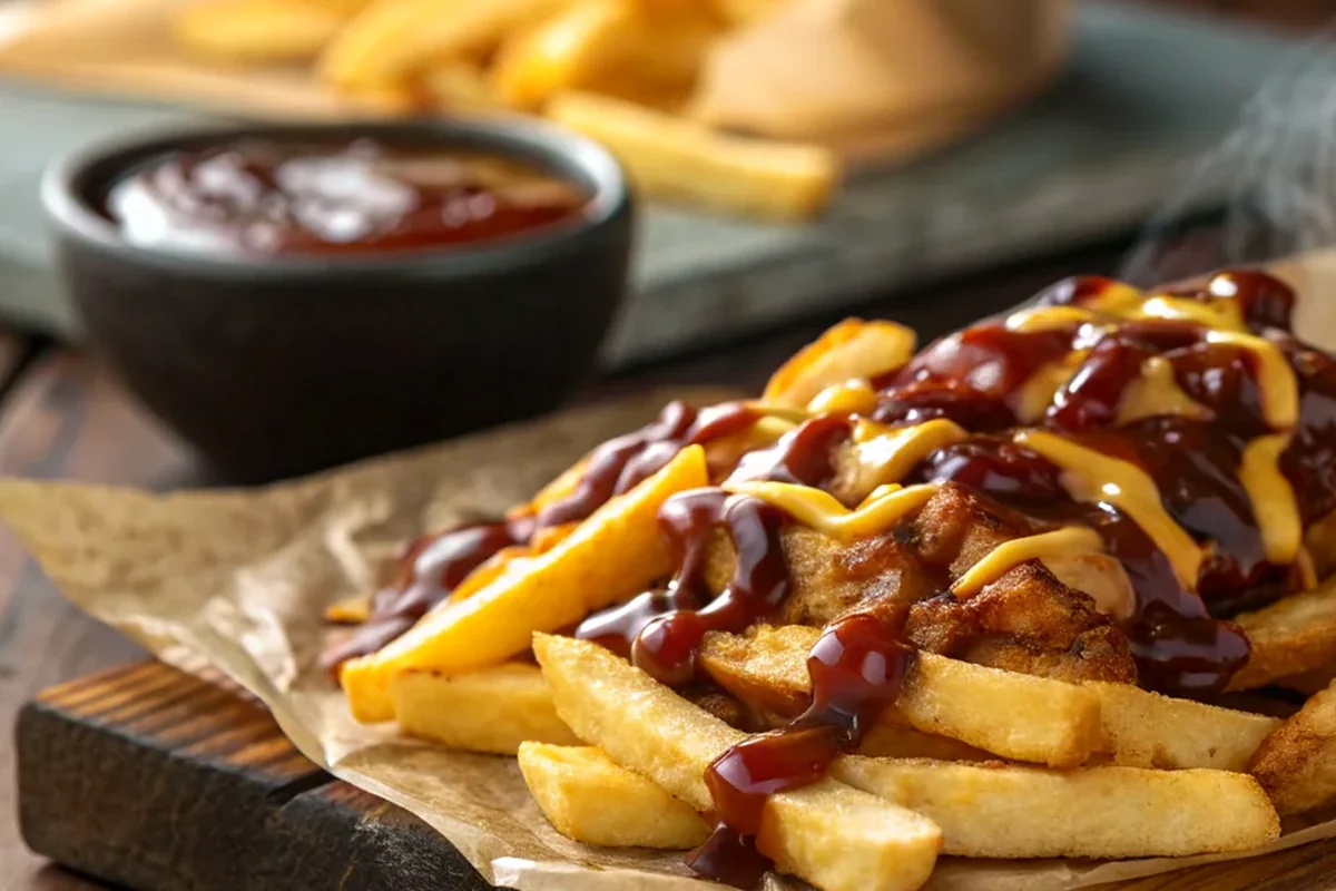 Close-up of bbq fries showing texture, color, and serving detail