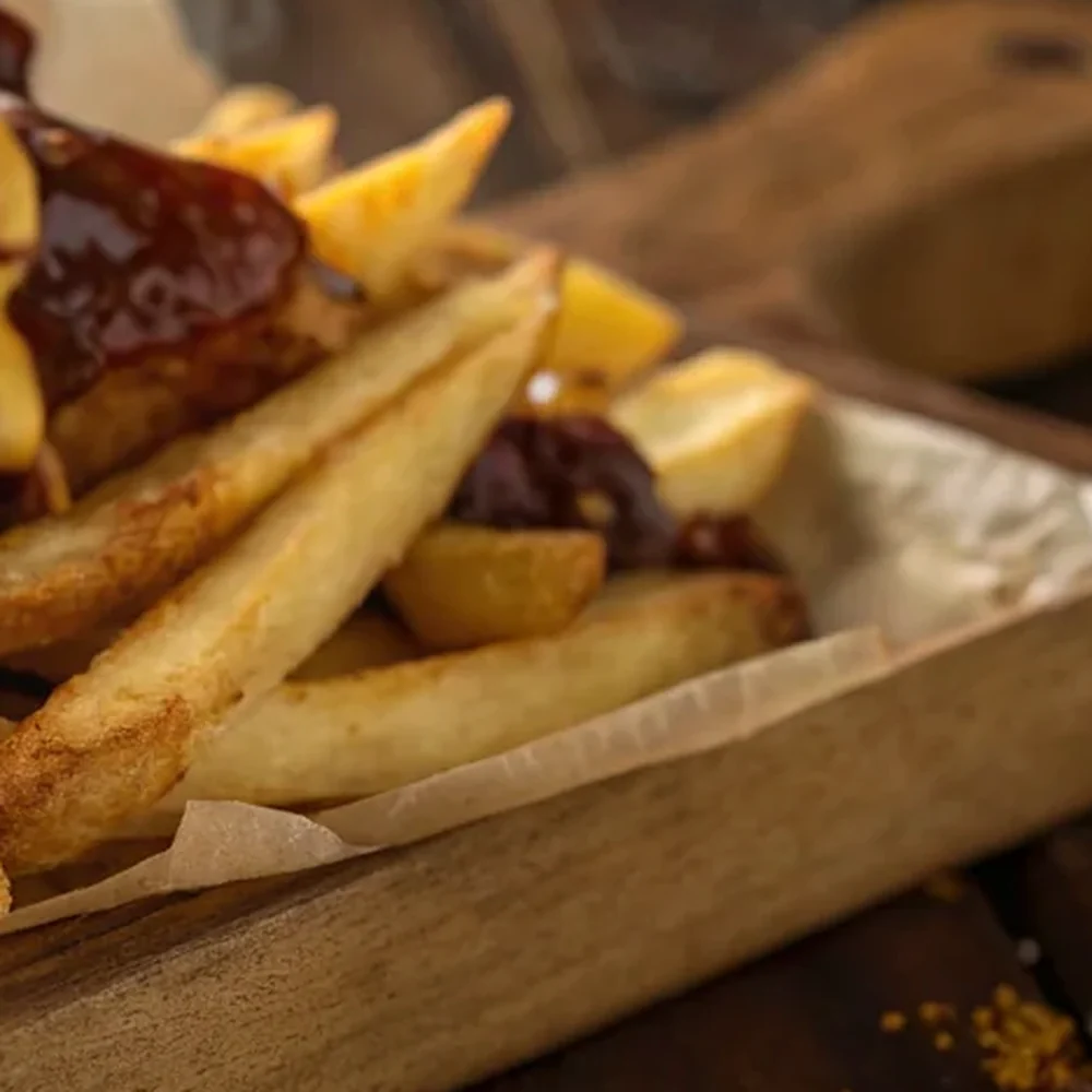 BBQ Fries plated for a Texas family table, overhead view