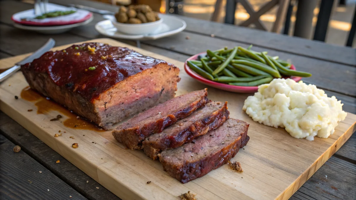 Texas BBQ meatloaf sliced on a wooden board, deep mahogany glaze on top, juicy pink-tinged interior, served with mashed potatoes and green beans