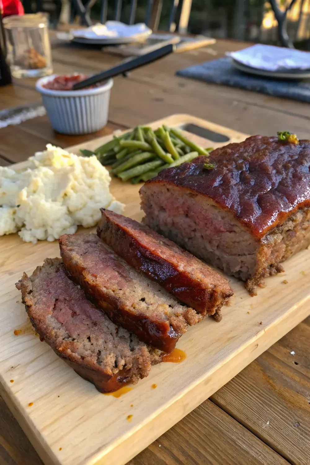Texas BBQ meatloaf vertical view, smoky glaze, juicy interior, save for the next Sunday family dinner