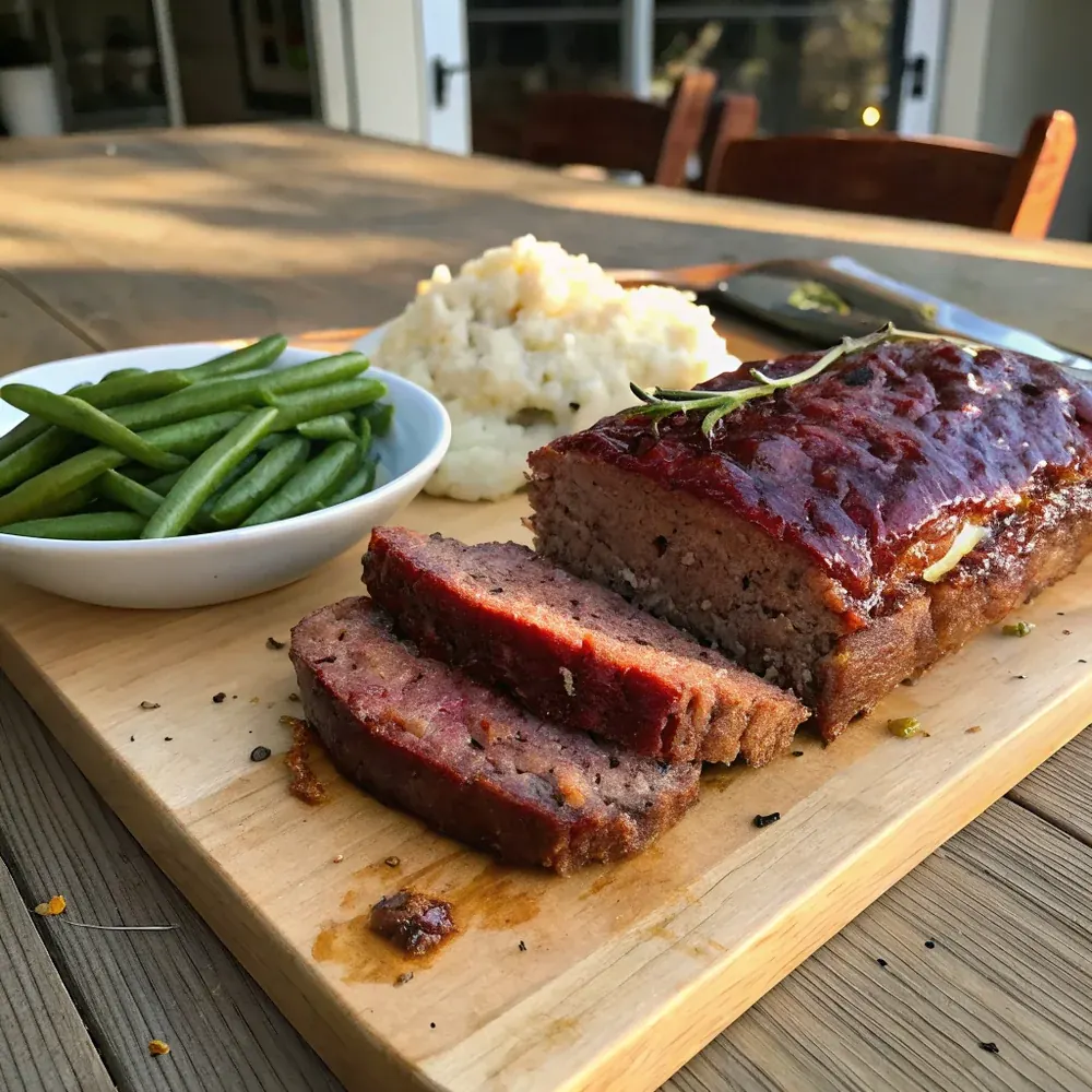 Overhead view of a whole free-form BBQ meatloaf on a sheet pan with extra Texas BBQ sauce in a small bowl on the side