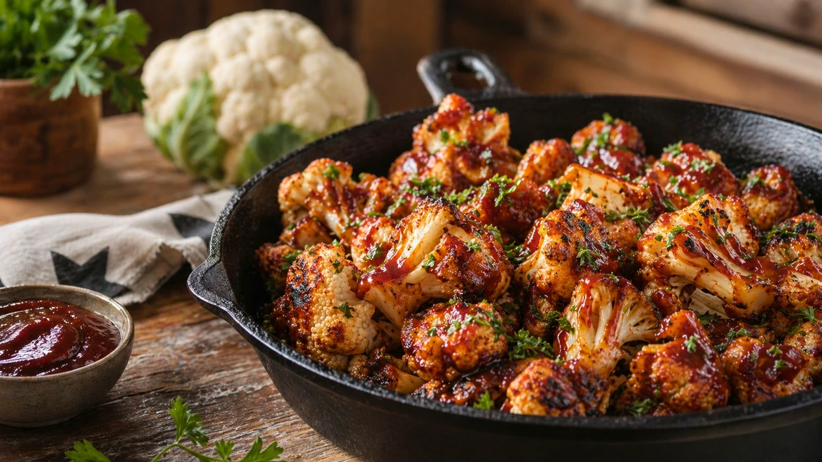BBQ Roasted Cauliflower Delish Recipe served on a Texas kitchen counter in natural daylight
