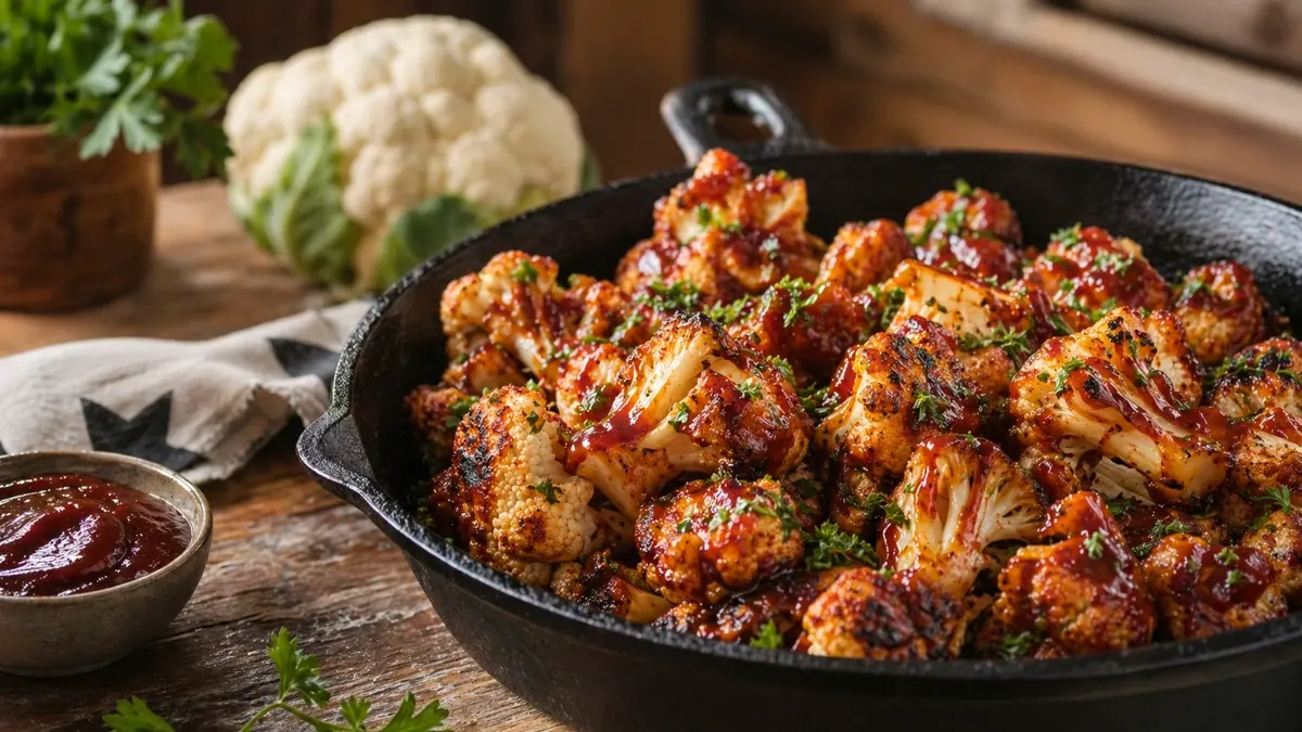 BBQ Roasted Cauliflower Delish Recipe served on a Texas kitchen counter in natural daylight