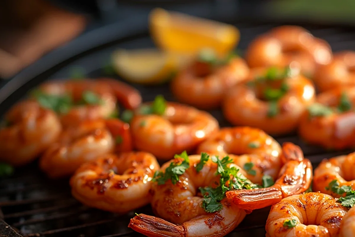 Close-up of bbq shrimp showing texture, color, and serving detail