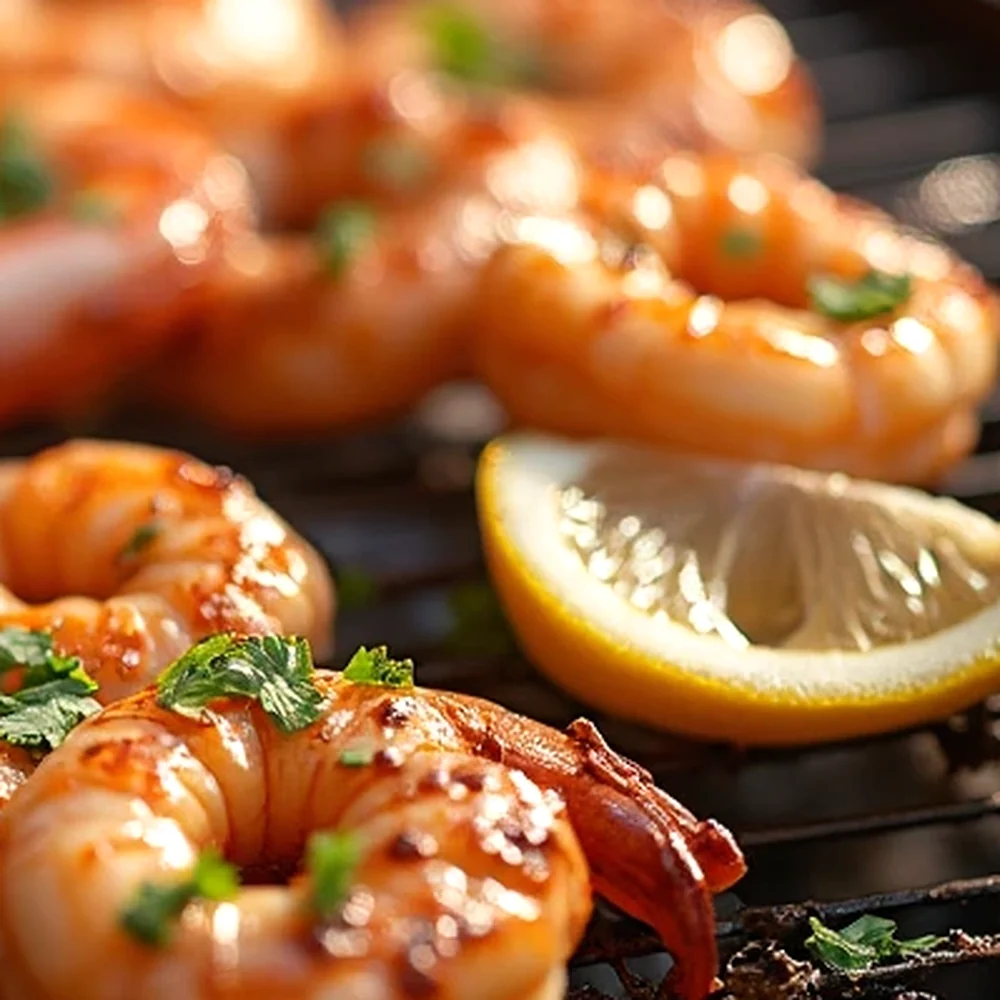 BBQ Shrimp plated for a Texas family table, overhead view