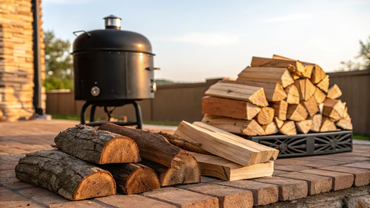 Split post oak, hickory, pecan, and fruit wood logs stacked beside an offset smoker in warm Texas morning light