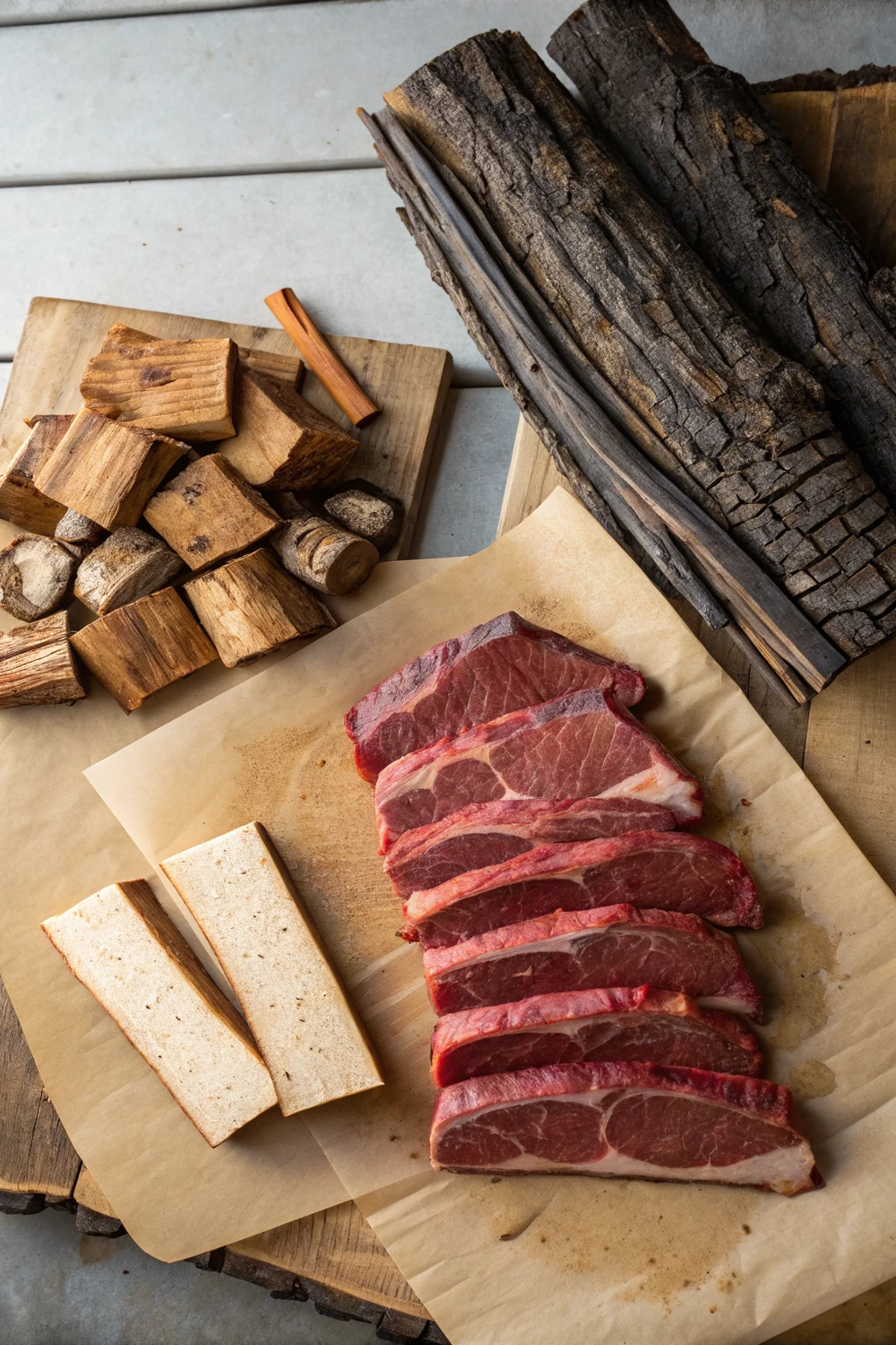 Chart-style stack of labeled smoking woods with meats, styled vertically, save this BBQ wood pairing tool