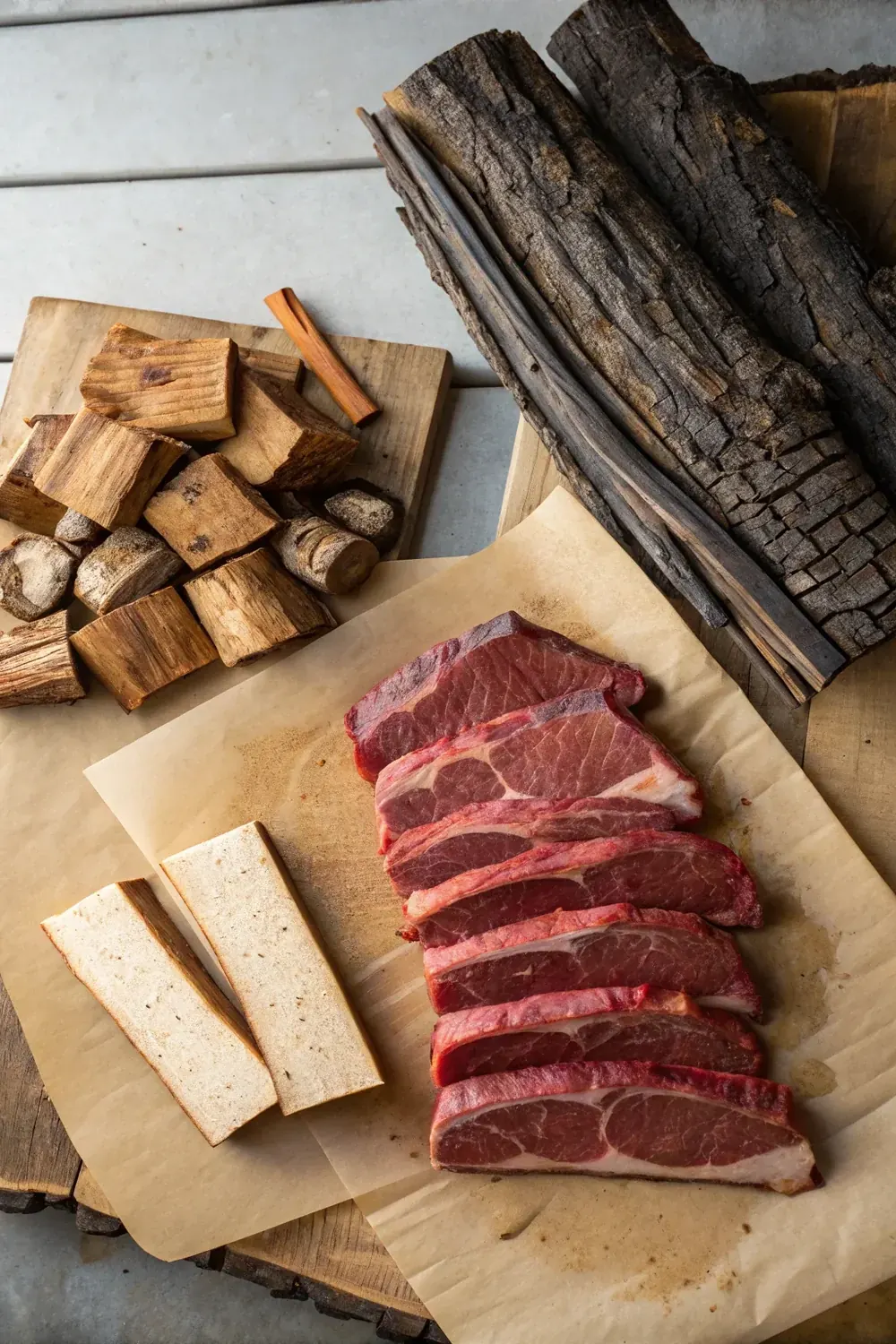 Chart-style stack of labeled smoking woods with meats, styled vertically, save this BBQ wood pairing tool