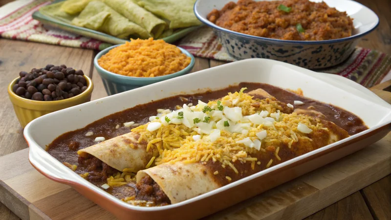 Close-up of a single enchilada cut open showing seasoned ground beef filling, yellow cheese, and the dark chili gravy coating